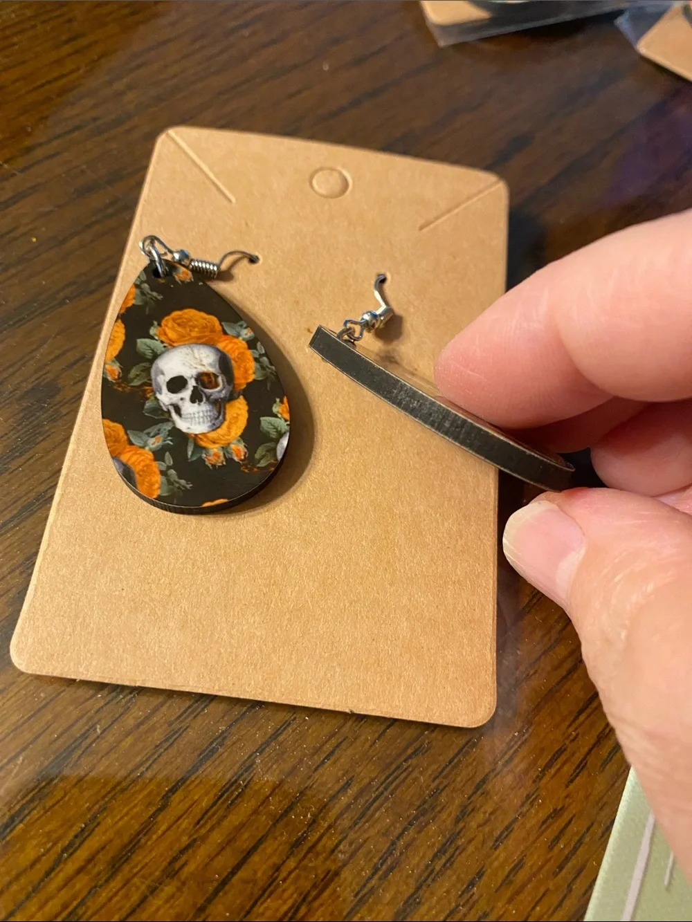 Skull & Orange Rose Teardrop Earrings